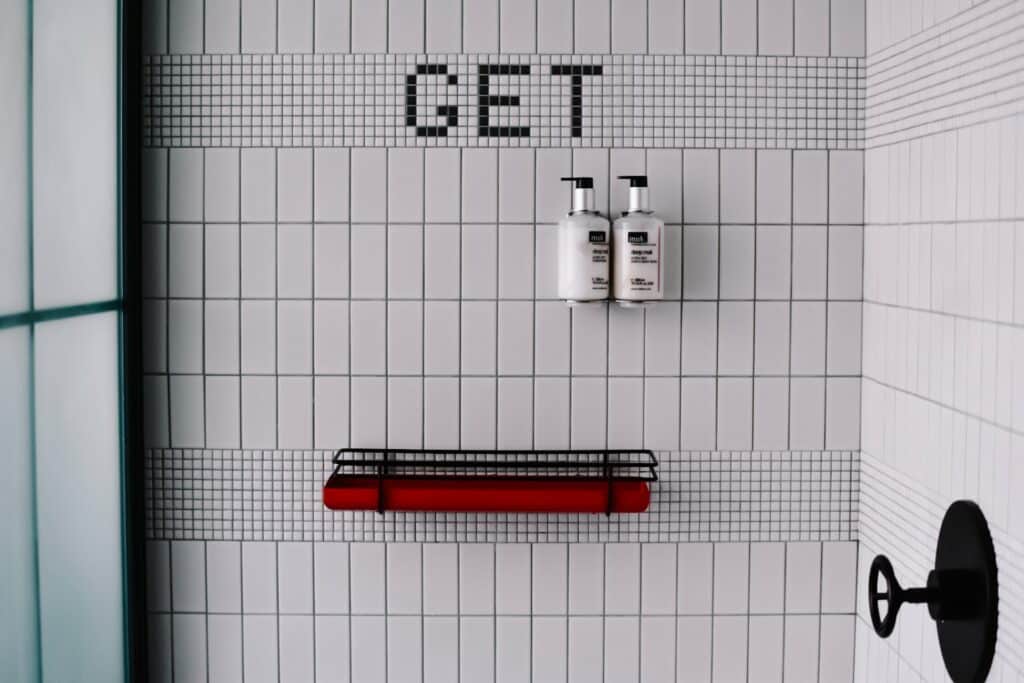 floating shelves in a bathroom