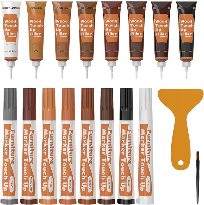 REALINN Wood Furniture Repair Kit 8 Dark Colors- Wood Fillers and Touch Up Markers