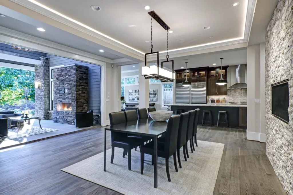 Gray Dining Room With Tray Ceiling