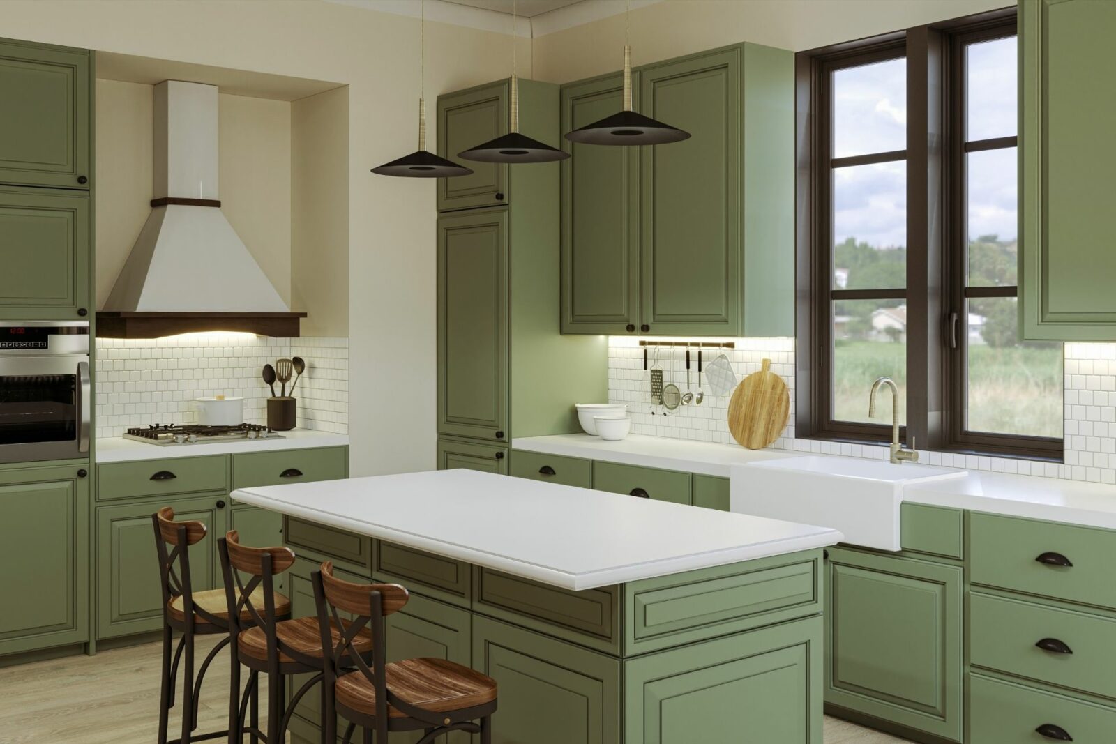 sage green kitchen wall with brown cabinet