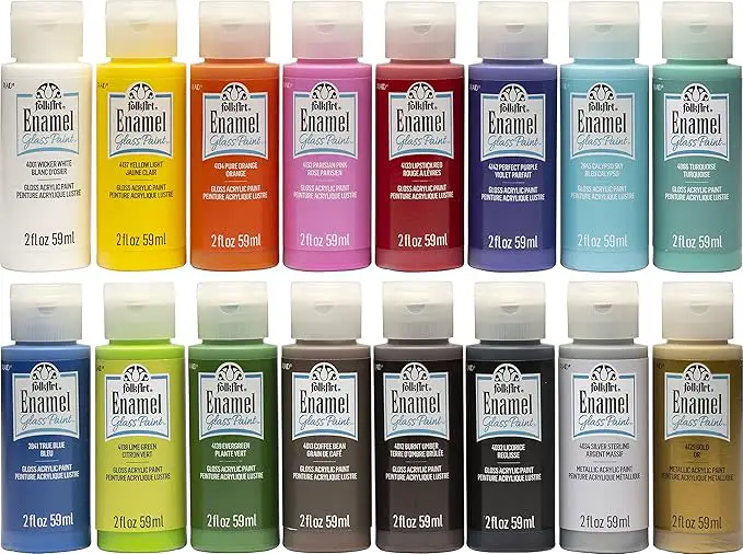 FolkArt Gloss Finish Acrylic Enamel Craft Set Designed for Beginners and Artists, Non-Toxic Formula Perfect for Glass and Ceramic Painting, , 32 Ounce, 16 Count