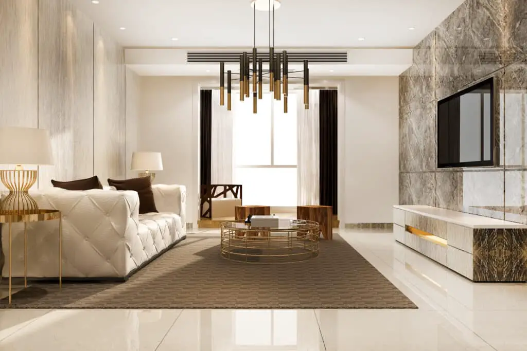  luxury and modern living room with leather sofa and lamp