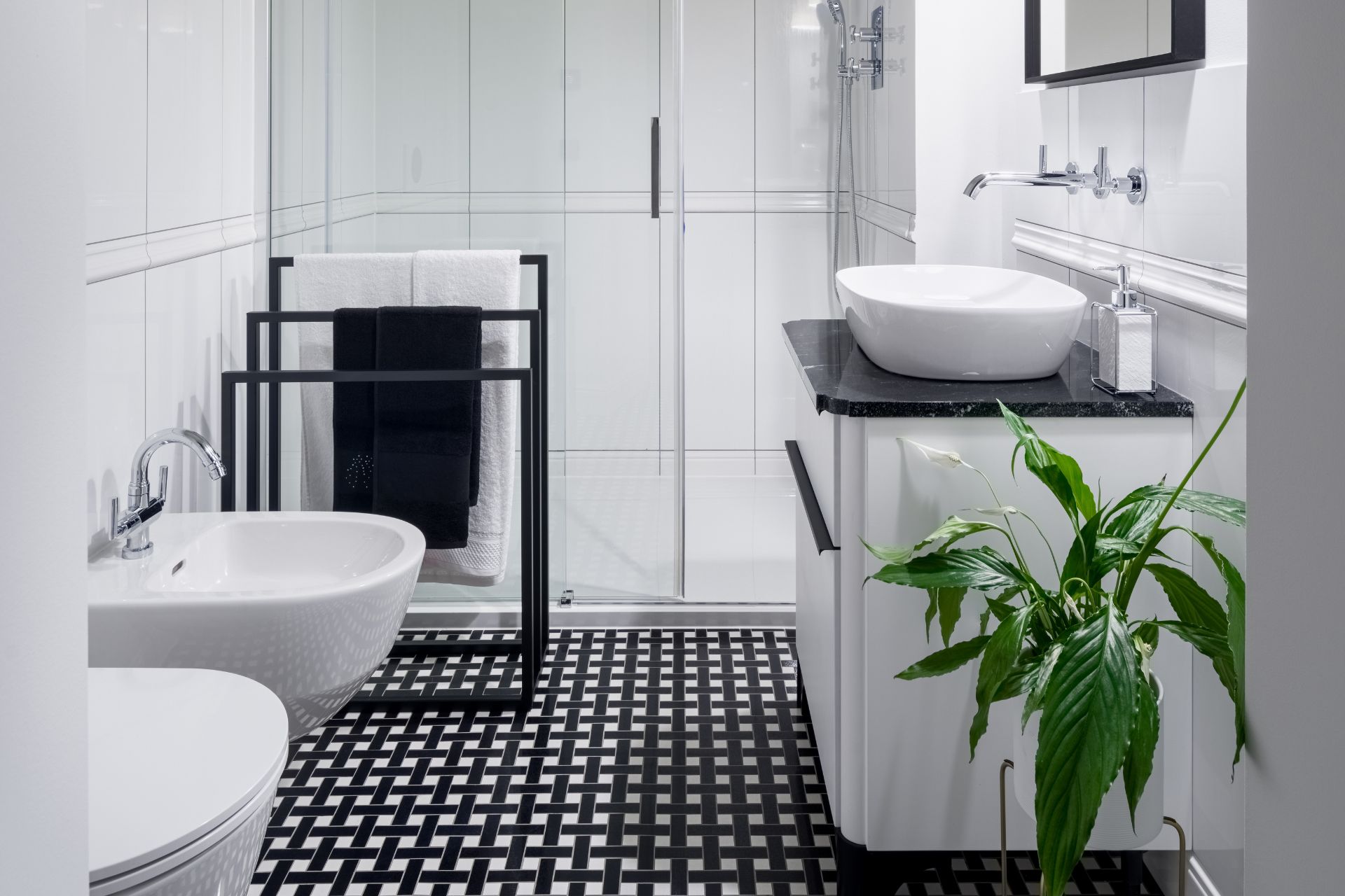 black and white powder room