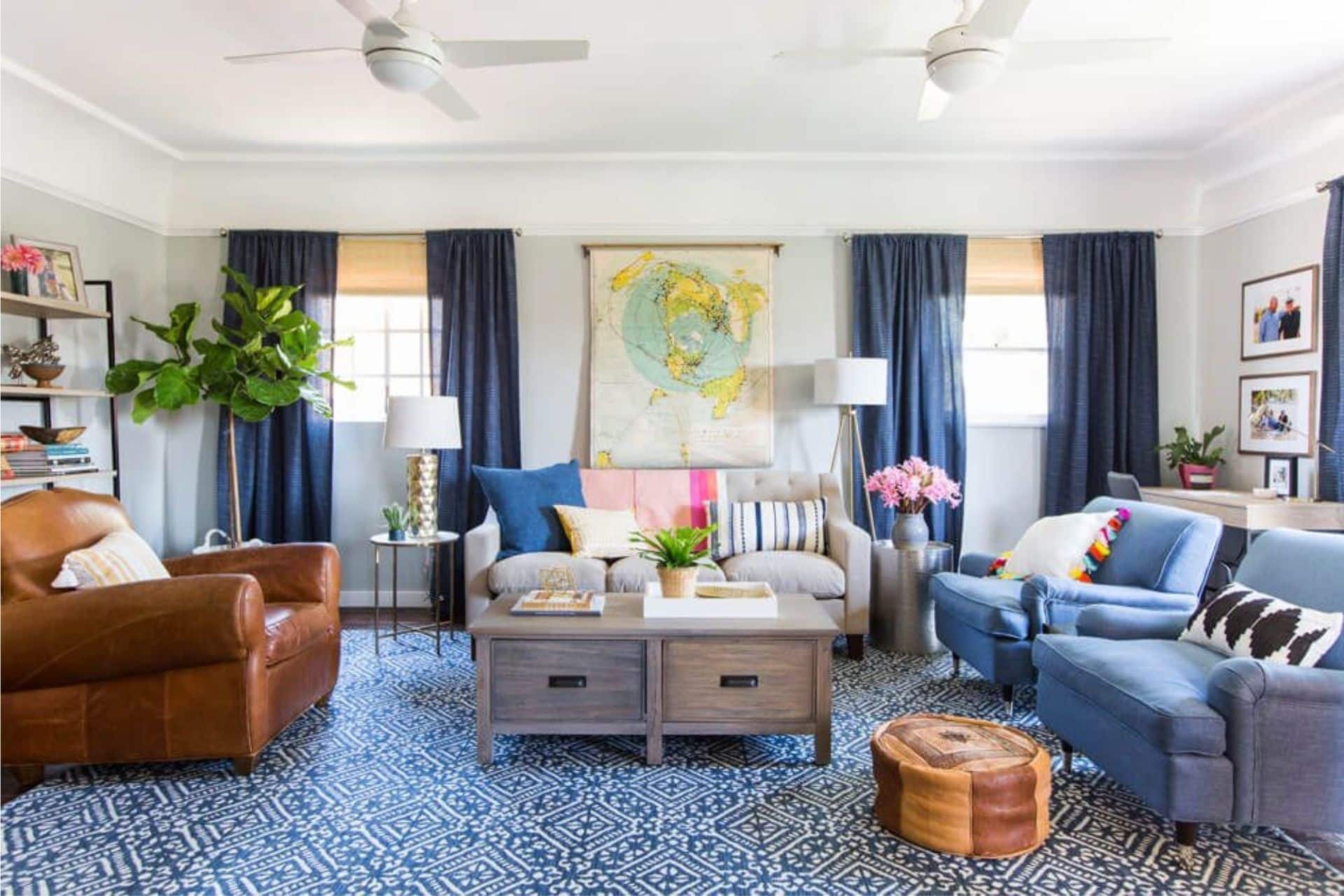 blue and gray living room combination
