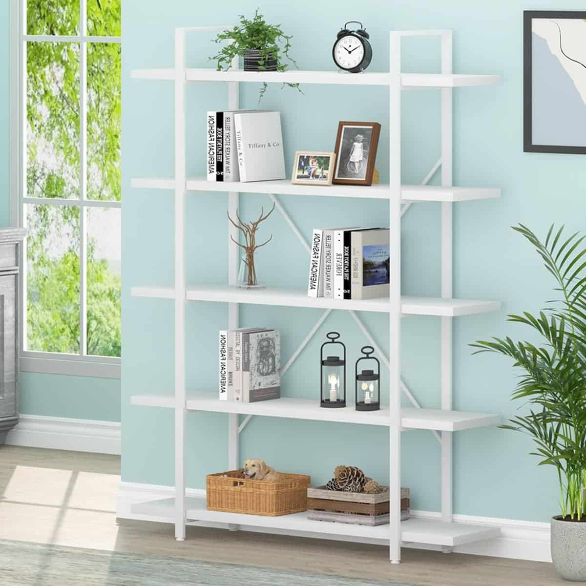 white living room bookshelf