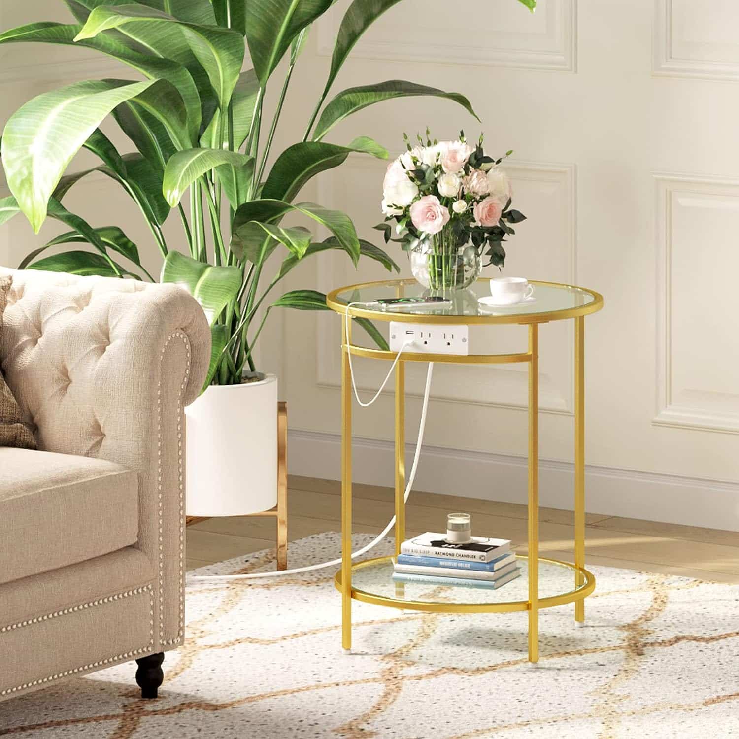 glass with gold frame end table