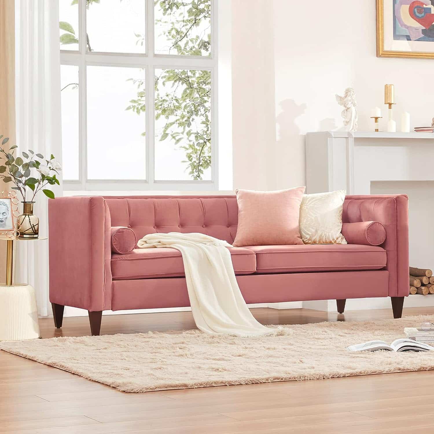 pink velvet loveseat couch living room