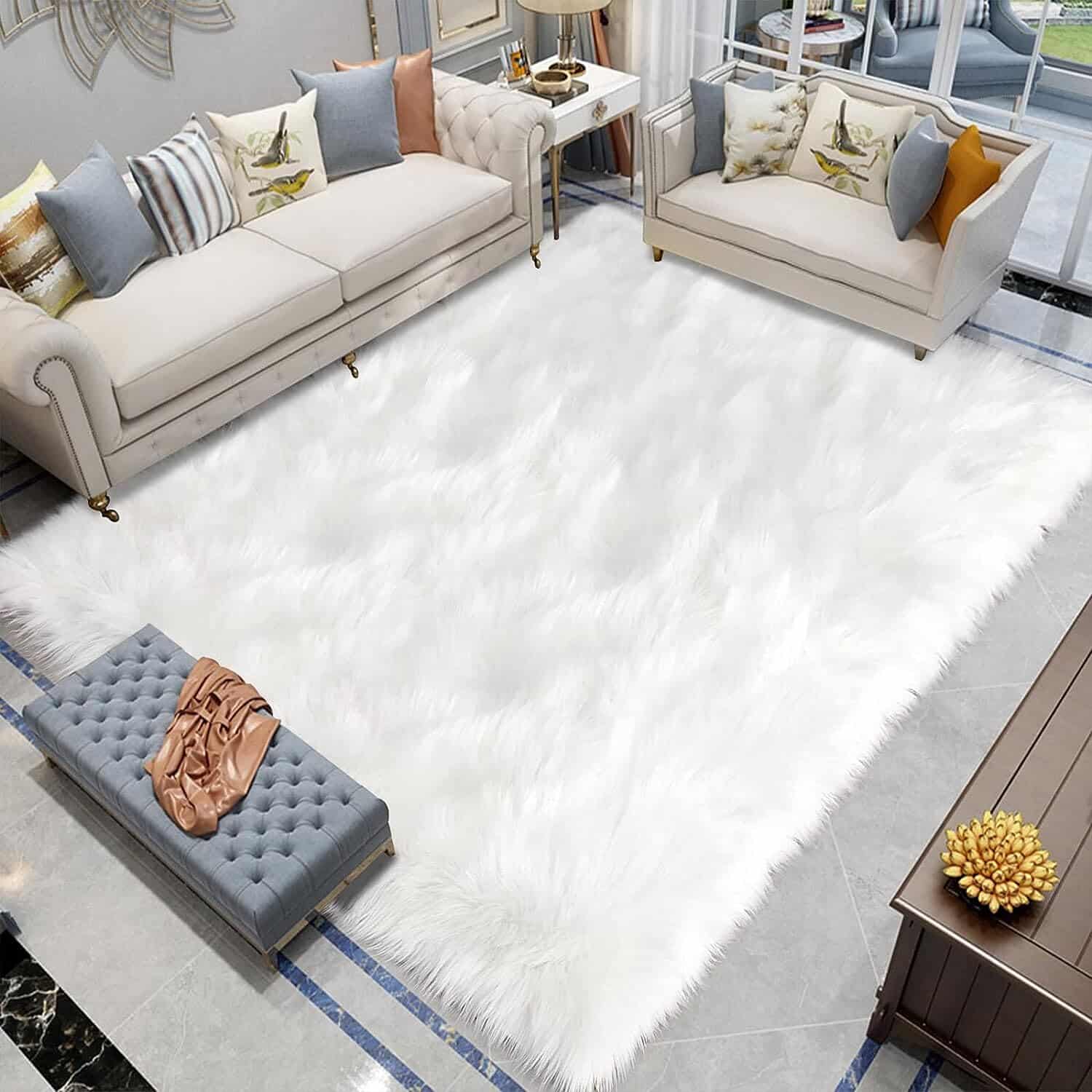 white fluffy rug living room