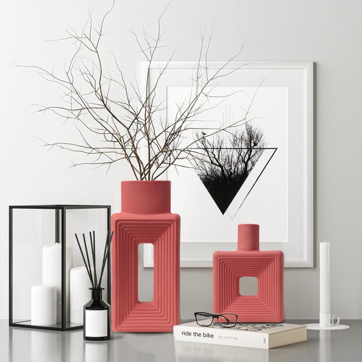 living room table decor red pink vase
