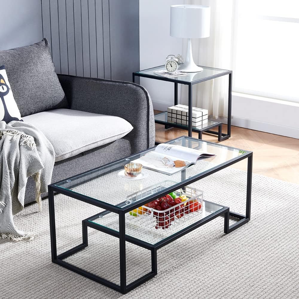 black living room glass table