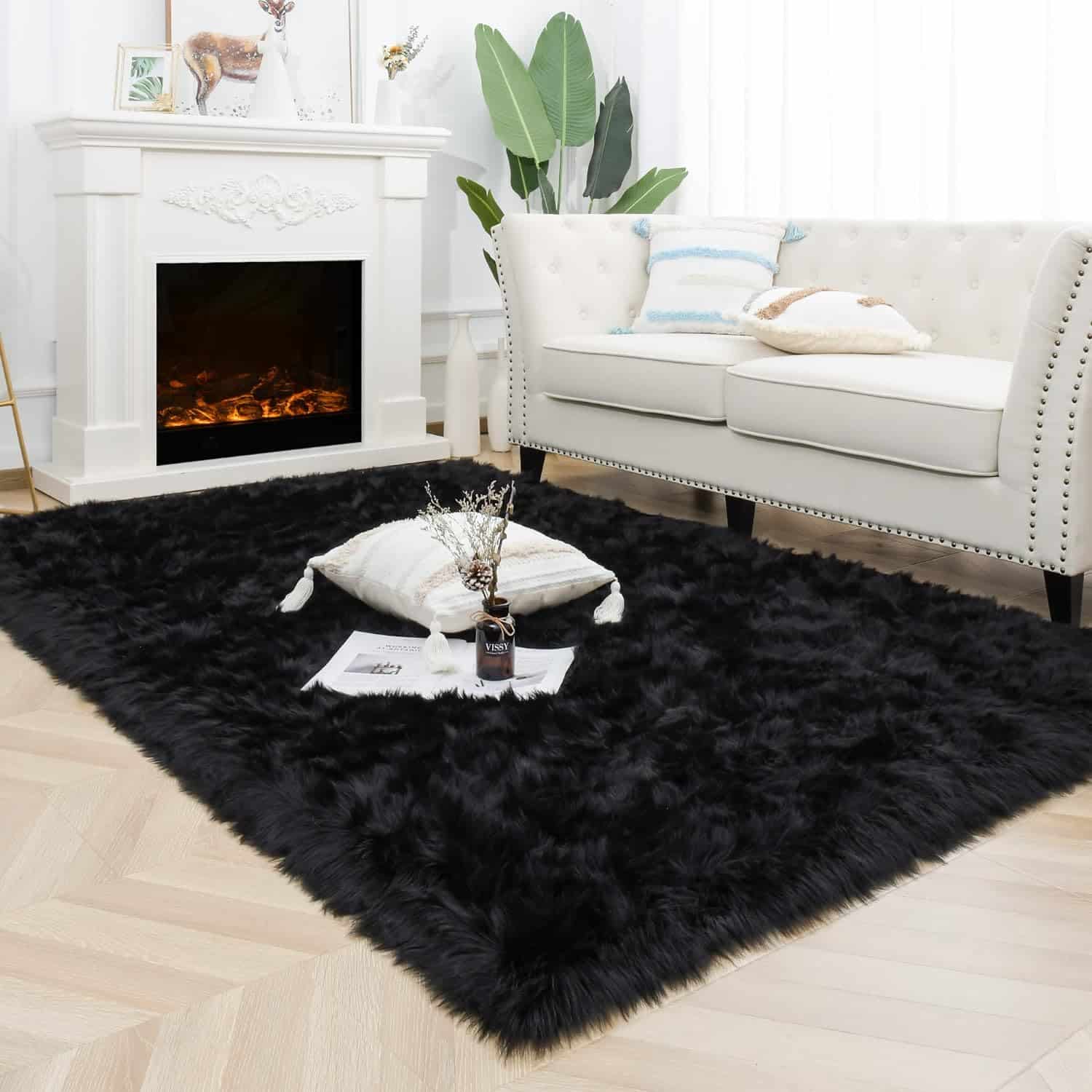 black fluffy living room rug