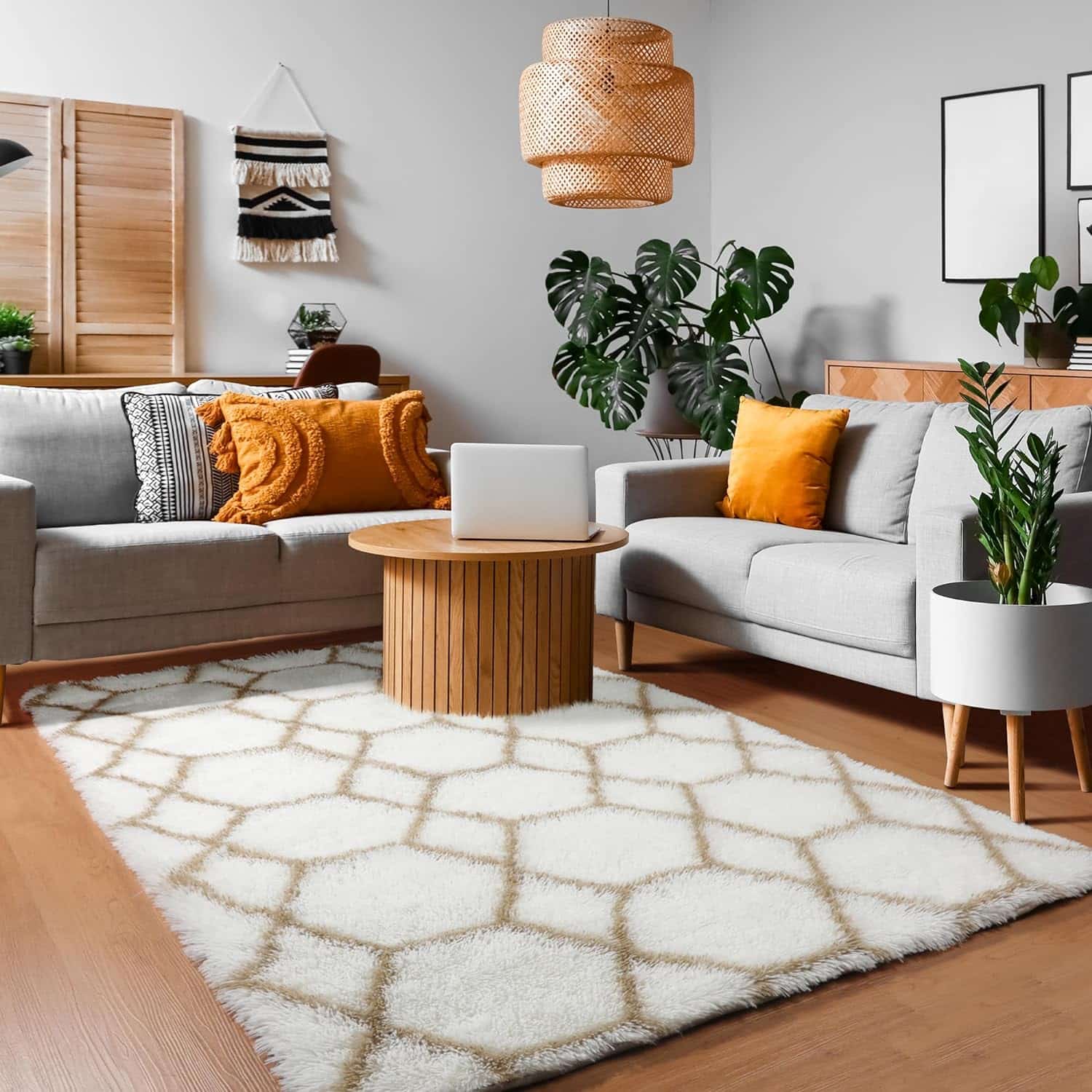 geometric white rug boho living room
