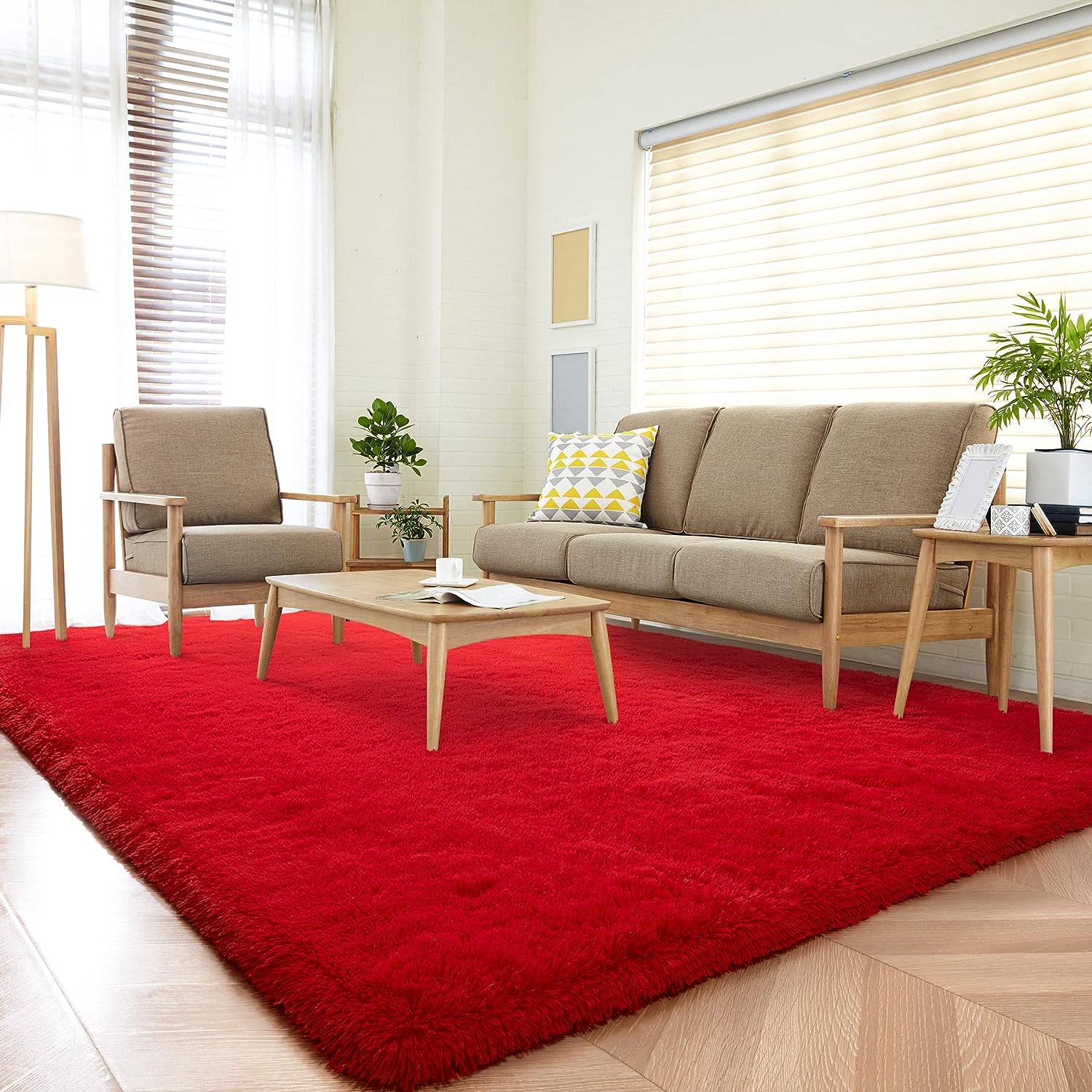 fluffy red rug in living room