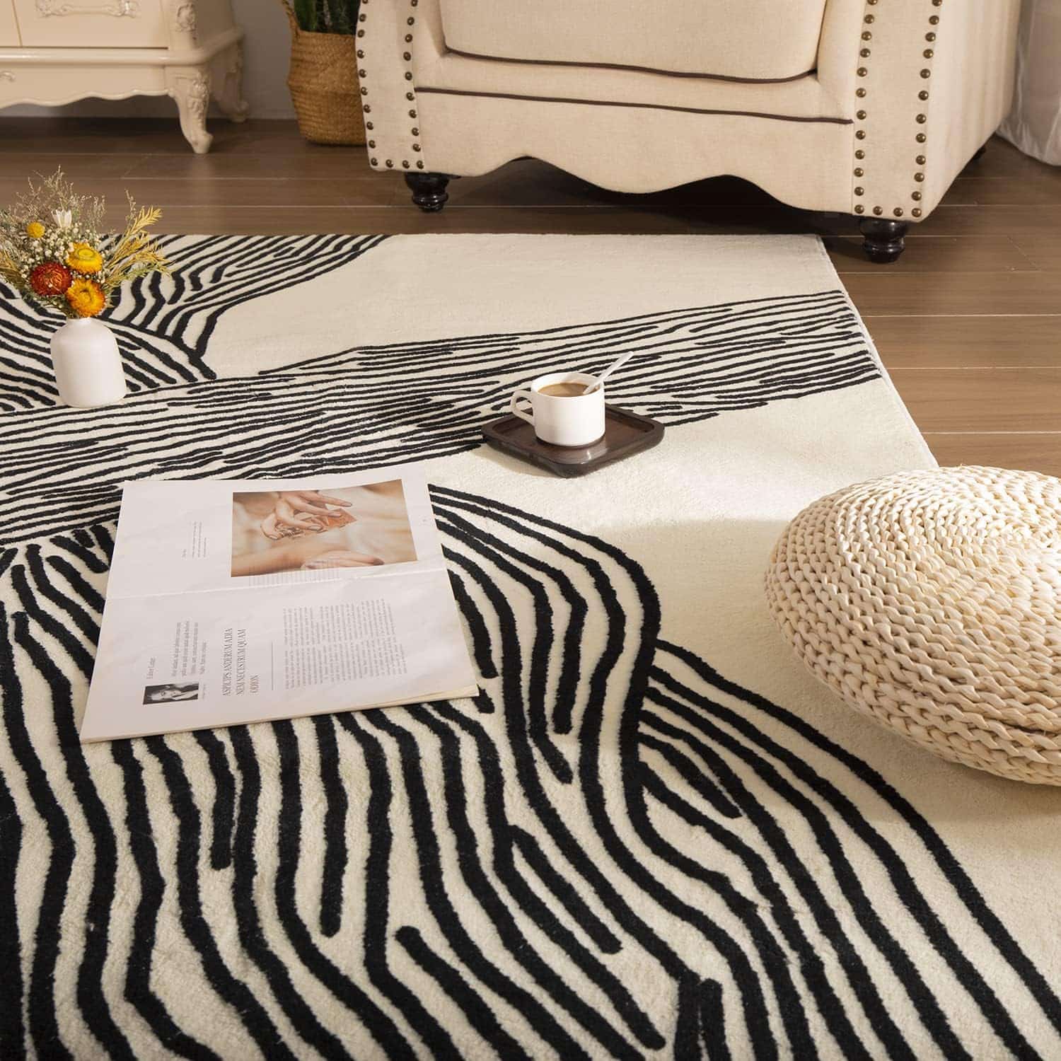 faux wool white rug modern lines