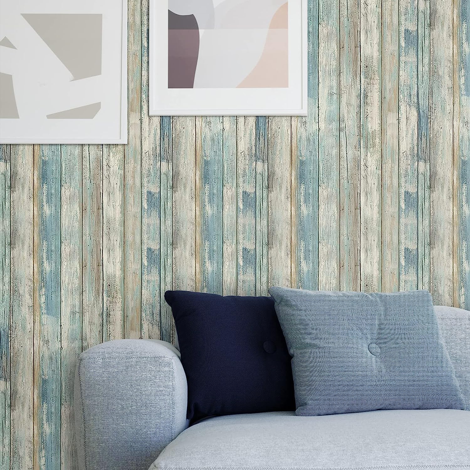 blue distressed wood living room wallpaper
