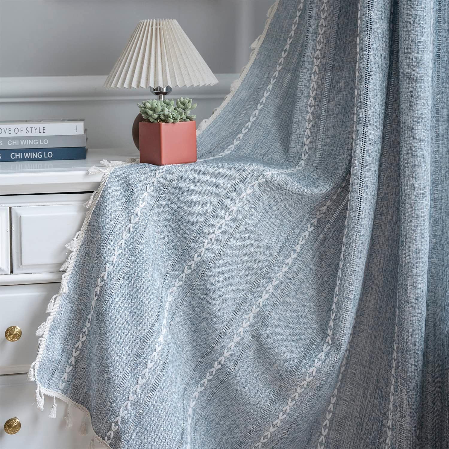 patterned blue curtains