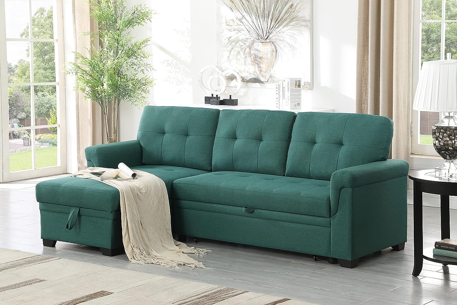 green couch living room sofa