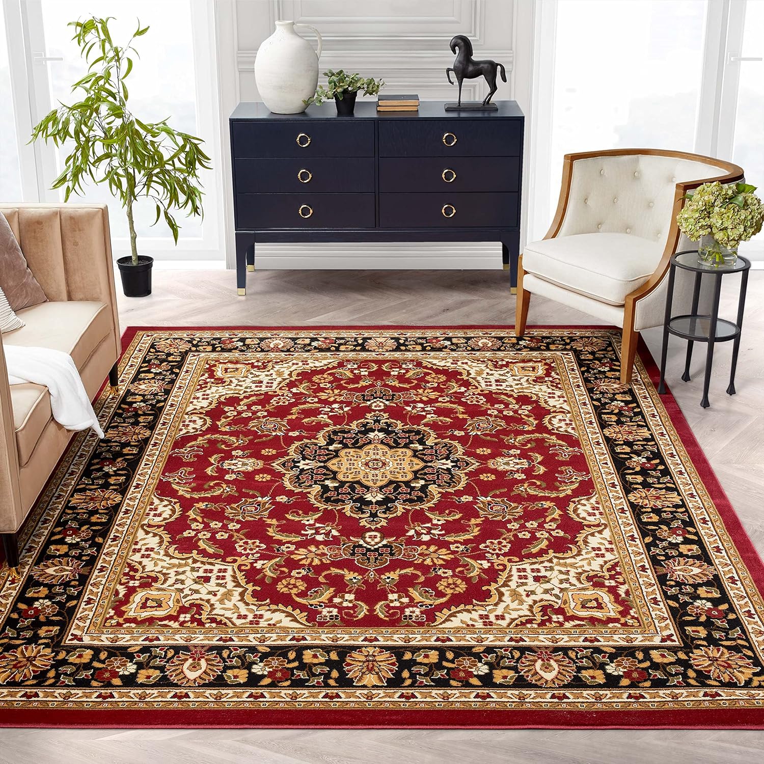 red Persian rug in living room