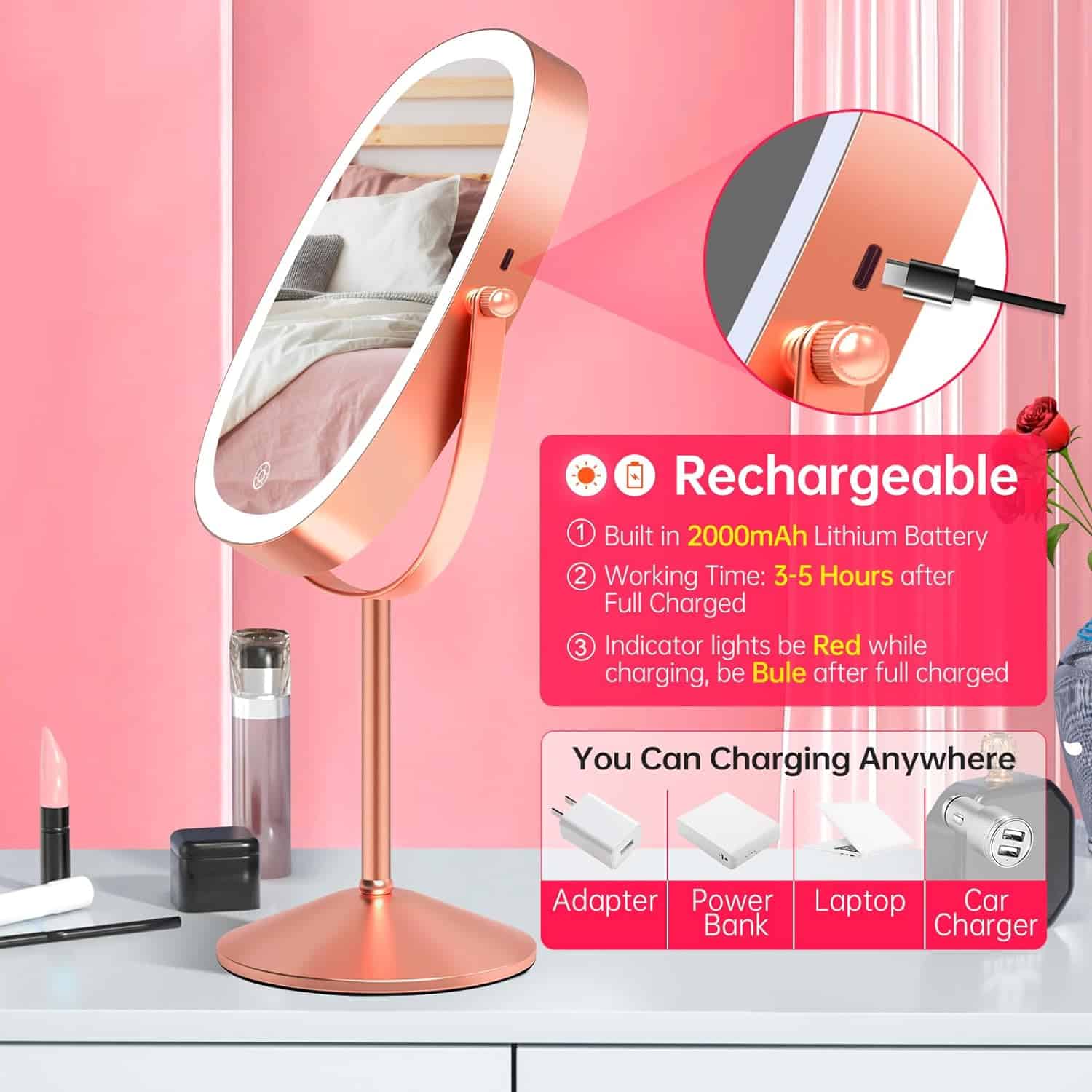 rechargeable bathroom mirror with light