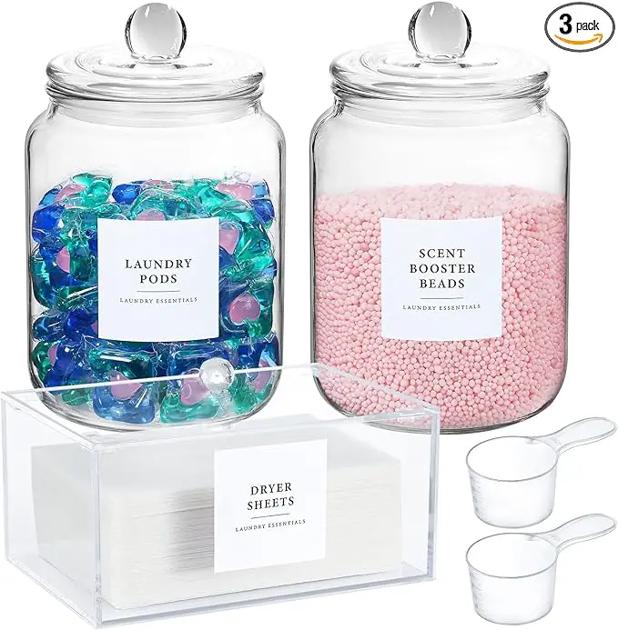 Glass Jars and Dryer Sheet Holder, Dispenser Set with Lids and Labels, Containers for Laundry Room Organization and Storage