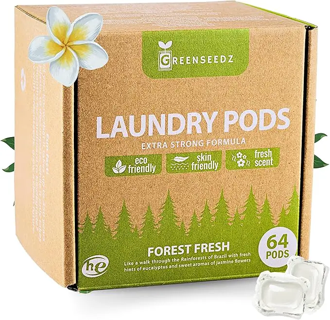 Eco Friendly Laundry Detergent Pods, 64 Pacs, Powerful Stain And Odor Removal, Skin Friendly, Rainforest Fresh Scent, Biodegradable and HE Compatible