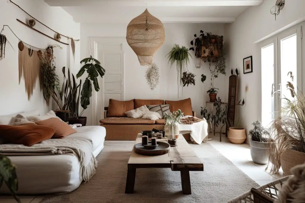 a bohemian home with a minimalist interior, featuring natural materials and organic accents