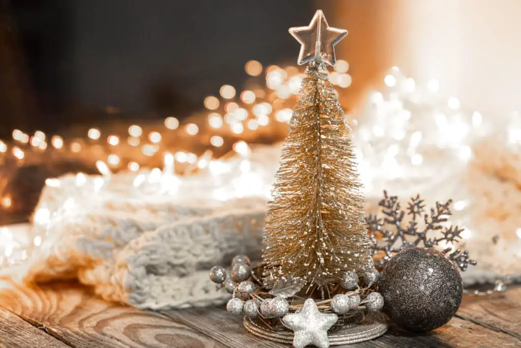 Christmas composition with a decorative tree, details of a festive decor on a blurred background with bokeh lights, copy space.