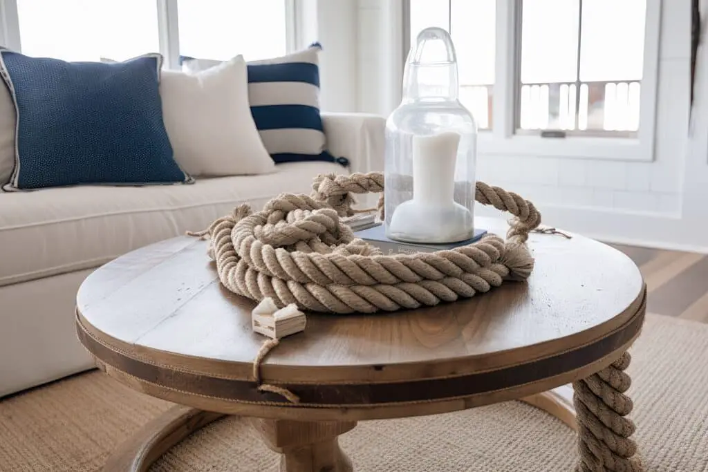 coastal home interior with nautical theme, including rope and wooden accents