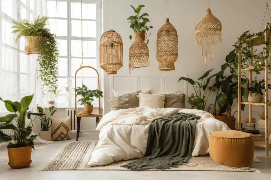 cozy bedroom with hanging plants, lanterns, and other natural elements,