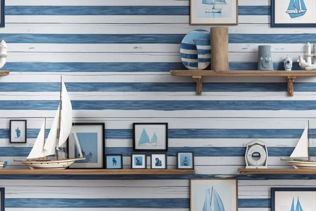 Illustration of a blue wood wall with imitation photo frames and a ship model perched on top, along with a white shelf