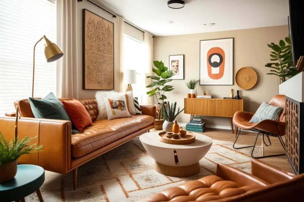 living room Mid Century style with warm colors.