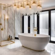 Luxurious bathroom with freestanding bathtub, rain shower, heated flooring and marble tiles
