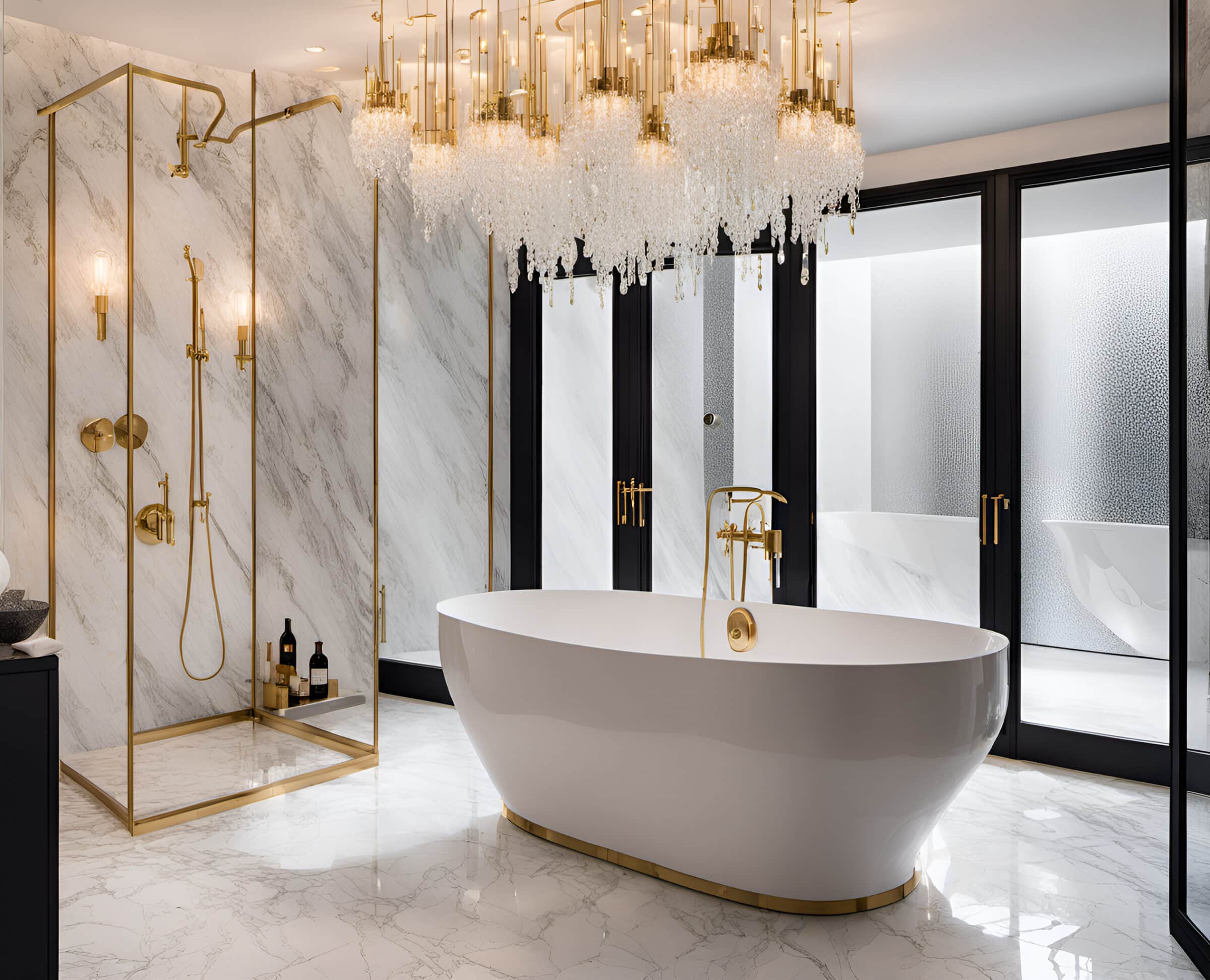 Luxurious bathroom with freestanding bathtub, rain shower, heated flooring and marble tiles