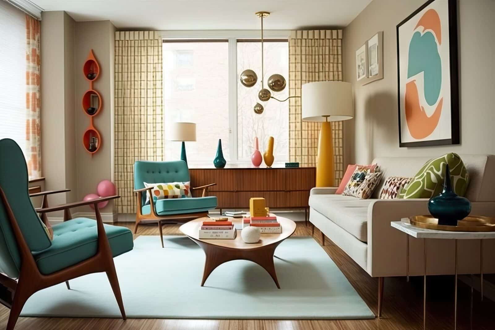 mid-century modern living room, with classic furnishings and pops of color, created with generative ai