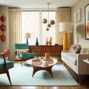 mid-century modern living room, with classic furnishings and pops of color, created with generative ai
