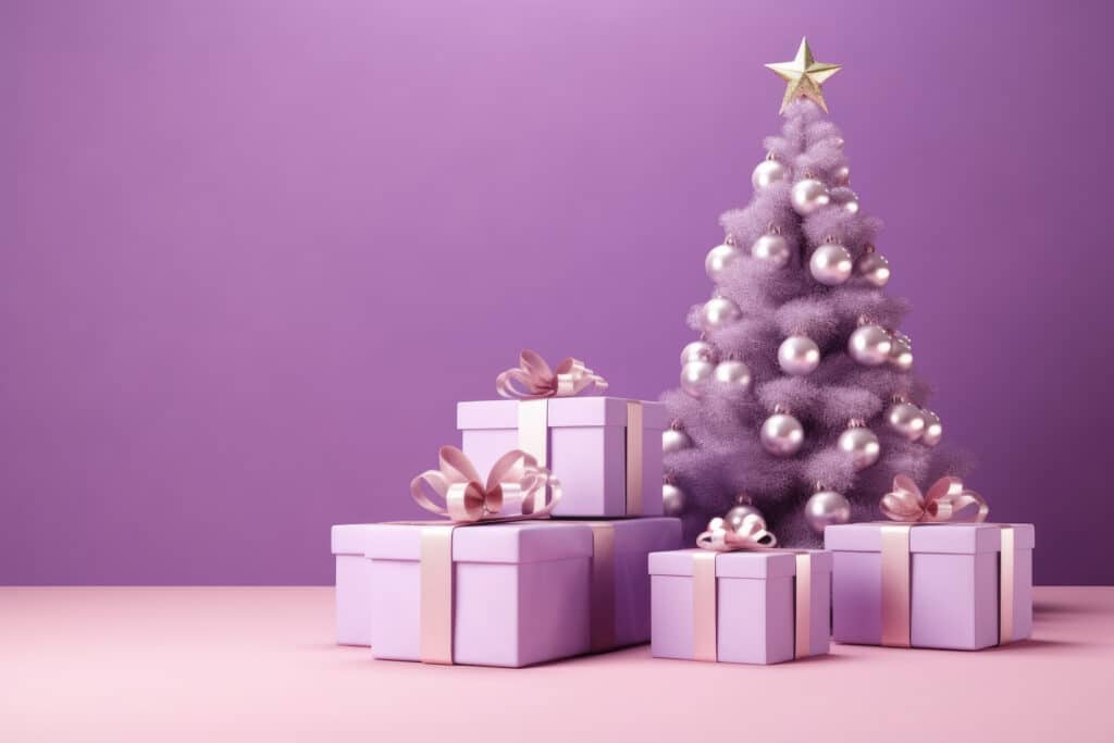 Purple Christmas gift boxes with Christmas tree toys. New Year's gifts
