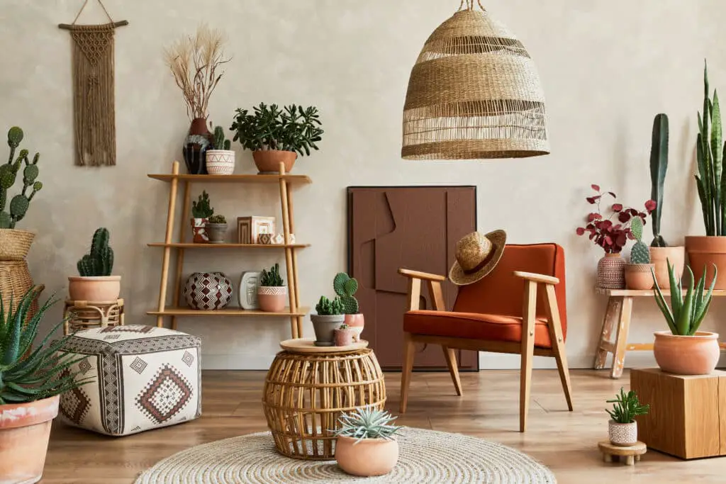 Stylish composition of modern living room interior with structure painting, a lot of cacti and plants, armchair, wooden shelves and accessories. Creative wall, carpet on the floor.