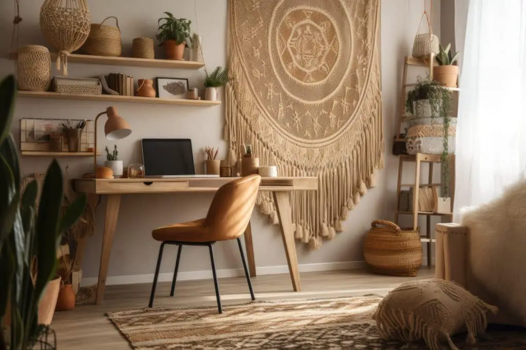With a wooden desk, a chic chair, a bamboo shelf, carpet, macrame, a mock up poster frame, office supplies, decorations, and personal accessories, this contemporary composition of a home office area i