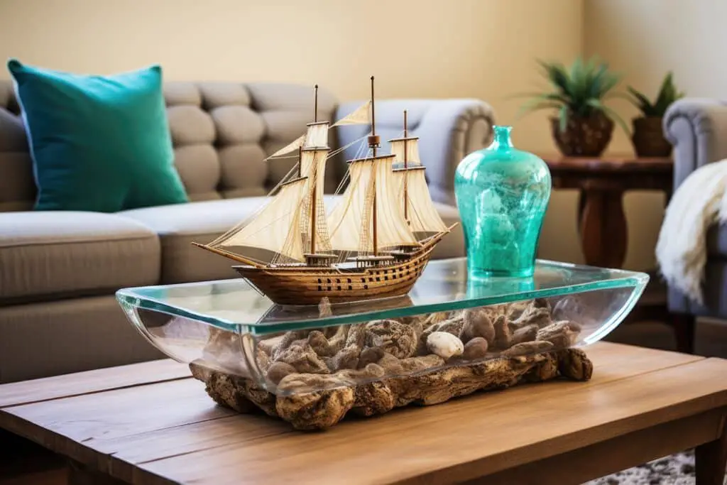 a wooden coffee table with a vintage model ship and sea glass vases