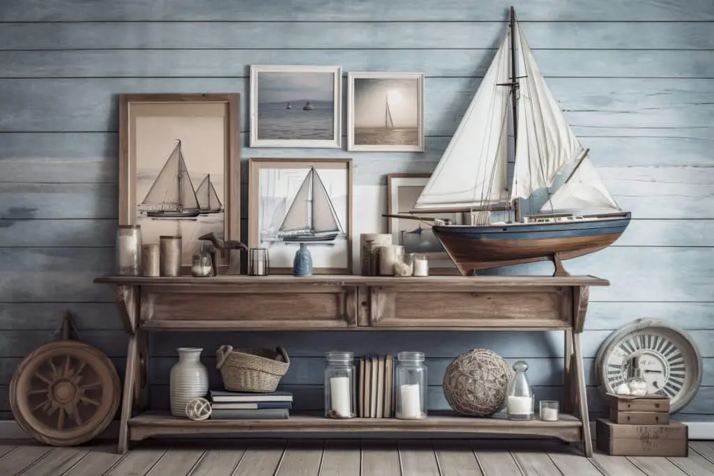 On a wooden table are nautical boat shaped shelves and nautically themed items. filtered vintage