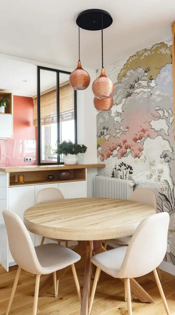 small dining room with round table and beautiful backsplash