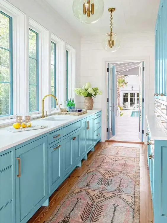 light blue kitchen cabinets galley