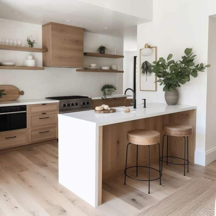 wood cabinets and peninsula, small kitchen ideas