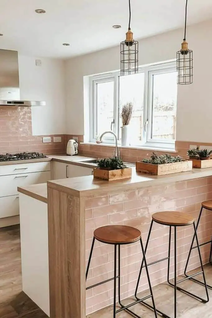 pink peninsula small kitchen