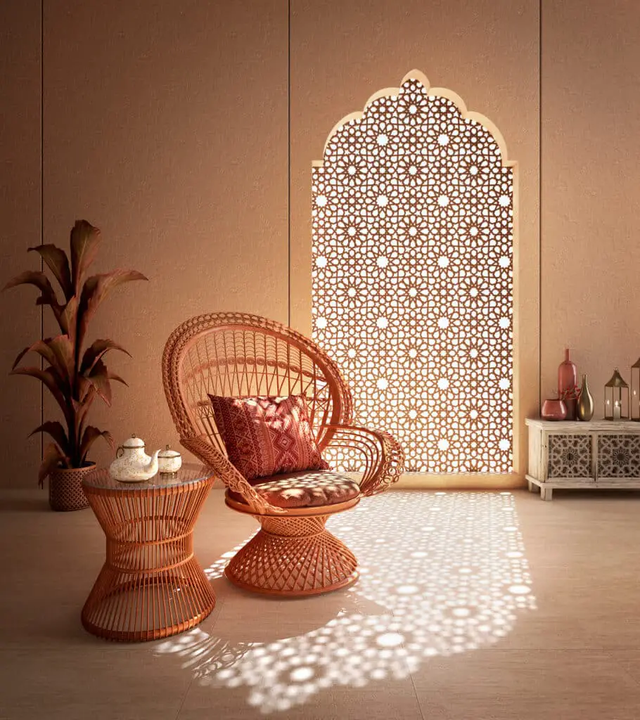 Arabic,Islamic style interior.Rattan chair,table and arabic pattern in window with shadow. moroccan style