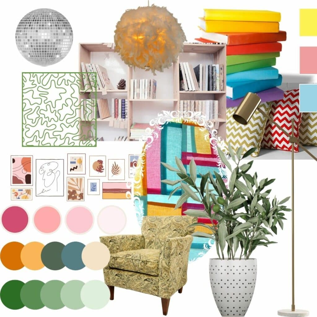 colorful maximalist home office mood board