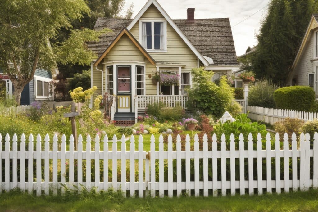 cozy house exterior with picket fence and garden in the front yard