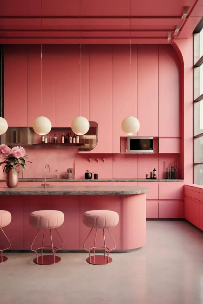 pink color kitchen and countertop