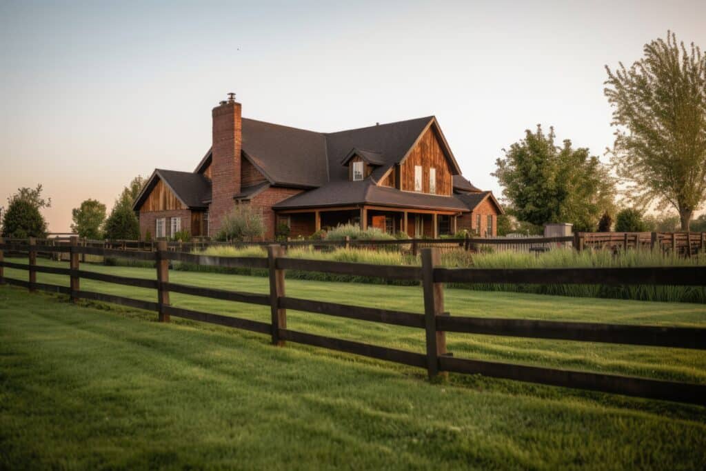 wood and brick farmhouse with rustic fences in the foreground