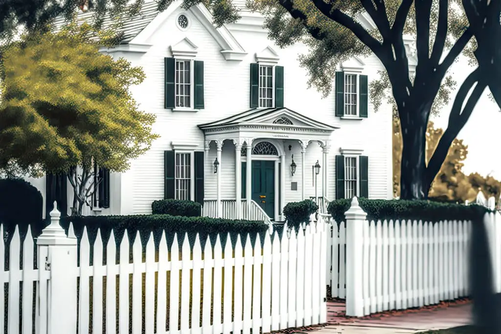 wooden picket fence that is located on street on white house